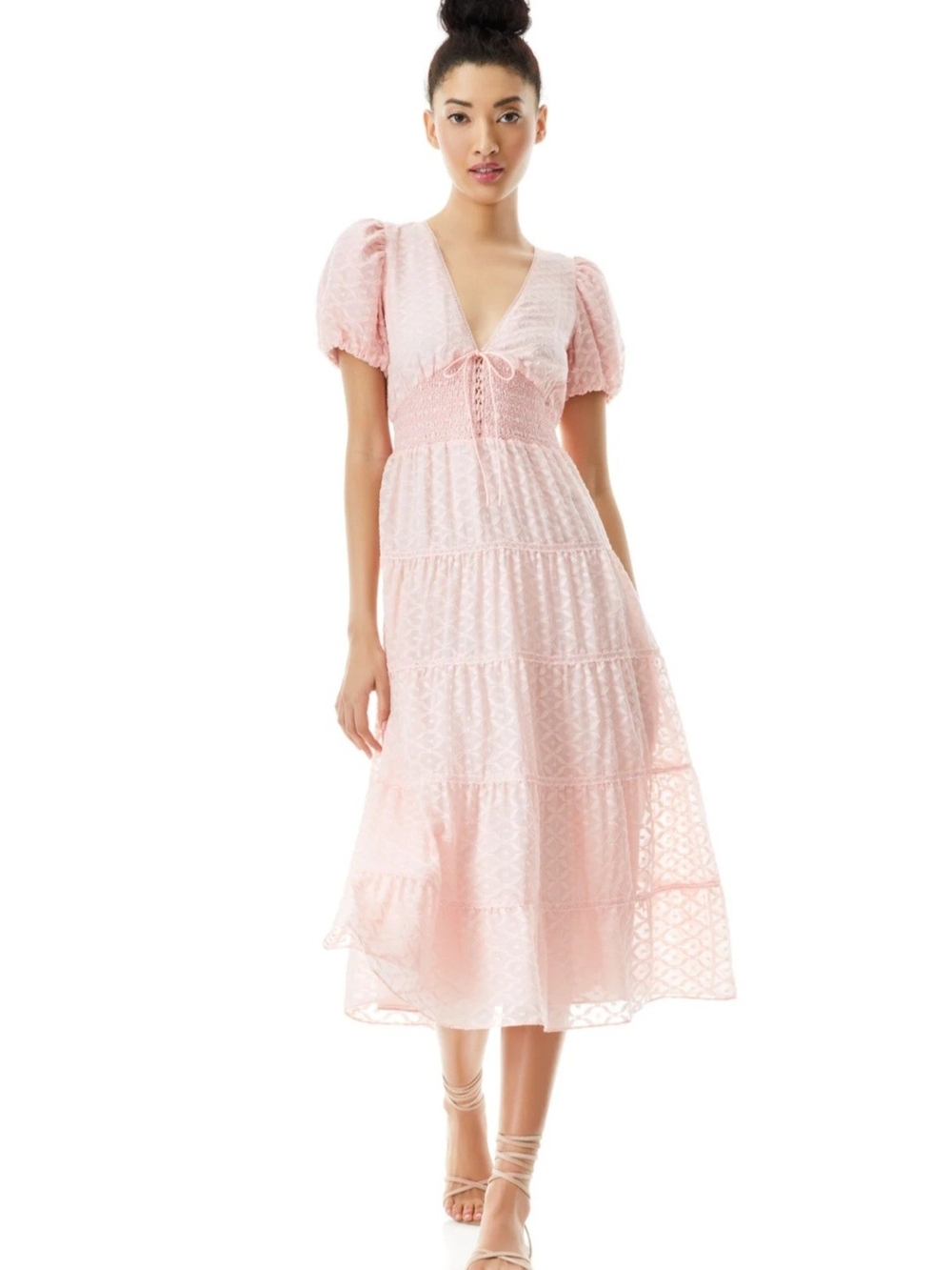 Alice + Olivia Pale Pink Lace Midi Dress with Puff Sleeves NWT